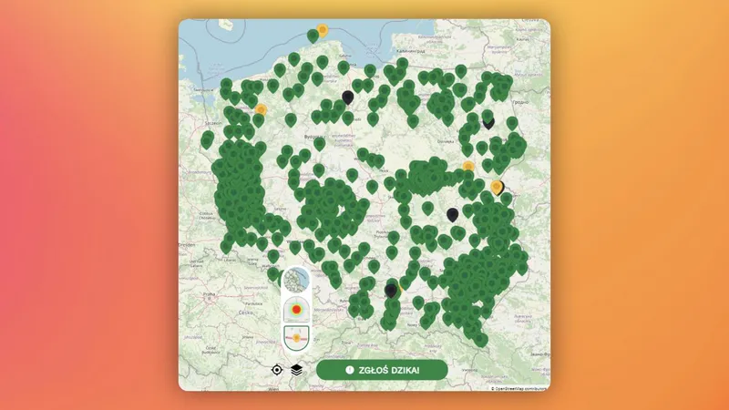 A screenshot from the app, showing a map of Poland and reported boar sightings.